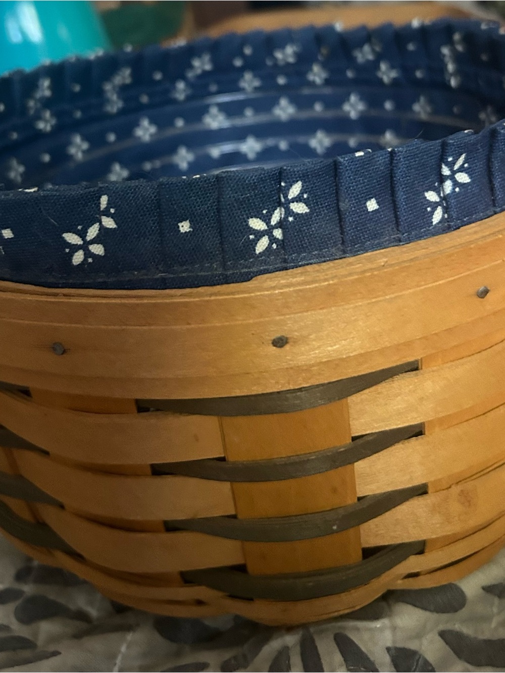 Handwoven Wooden Basket with Navy Floral Liner by Longaberger